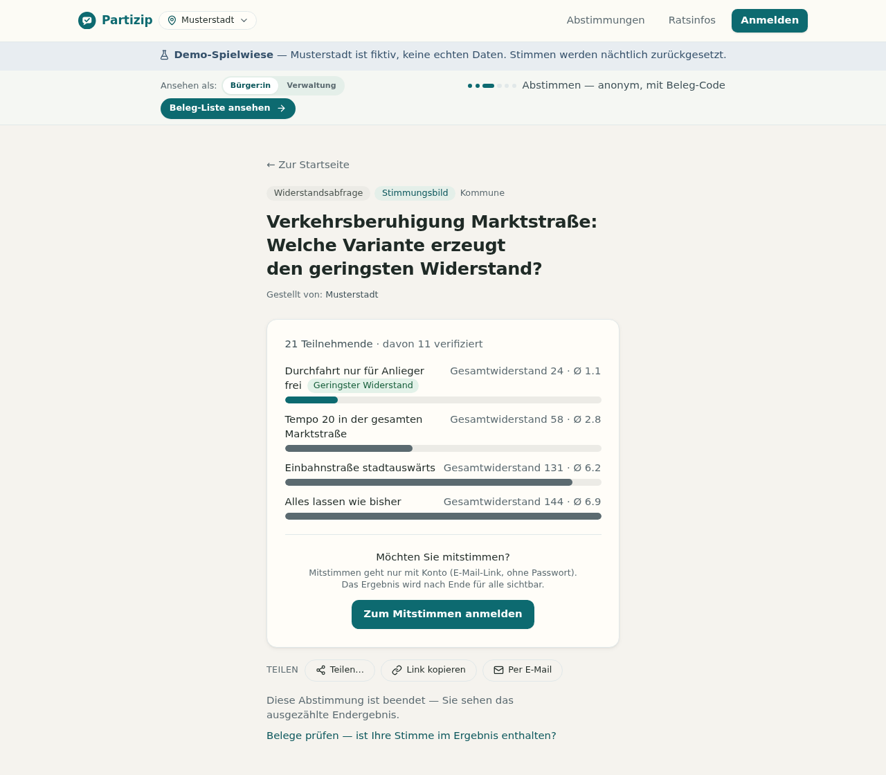 Ergebnis einer Widerstandsabfrage: je Option der Gesamtwiderstand; die Option mit dem geringsten Widerstand ist als „Geringster Widerstand“ markiert.